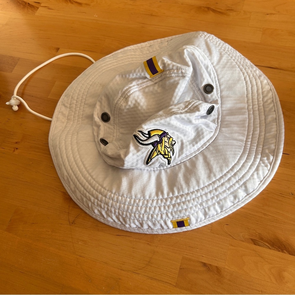 White new era Bucket Hat with Purple & Yellow Viking Logo
